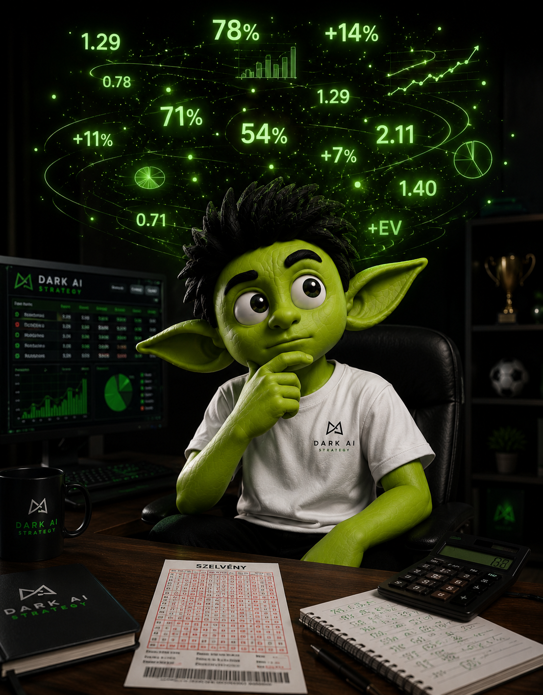 The Dark AI Strategy mascot analysing football data at his desk